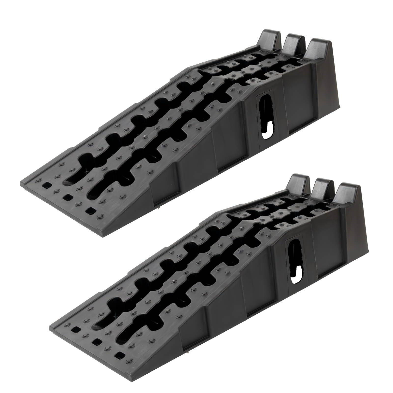 TRUTZHOLM 2 x Auffahrrampe Auffahrkeil mit Überfahrstopper 90 x 30 x 21,5 cm hochbelastbar 5t Traglast Kunststoff Stapelbar für Wohnmbil PKW SUV rutschfeste Rampe für jeden Untergrund schwarz