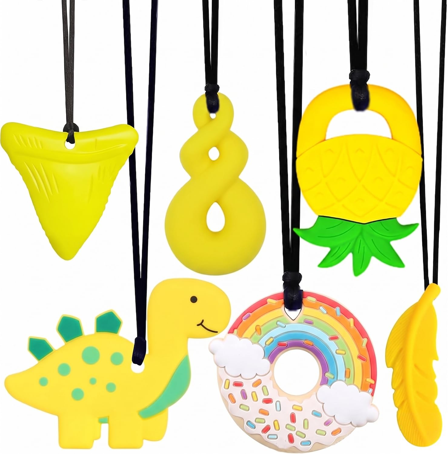 6PCS Sensory Chew Necklace, Teether Chew Toys Safety Food Grade Silicone for Kids Toddlers ADHD, Autistic, Biting Needs, Oral Motor Teether Chew Pendant Toy with Adjustable Buckle for Baby (Yellow) — image 1