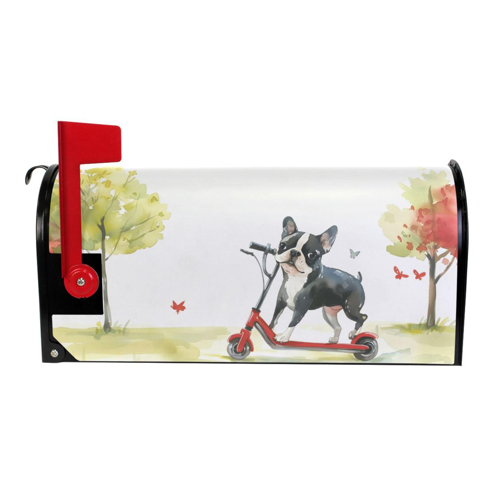 ALAZA Delightful and Heartwarming Watercolor Illustration Cute Cartoon Boston Terrier Riding A Red Scooter Magnetic Mailbox Cover MailWraps Garden Yard Home Decor for Outside Oversized-25.5