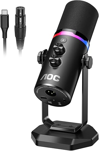 AOC USB/XLR Dynamic Microphone for PC Gaming, Podcast & Recording, Dual-Mode RGB Mic& Streaming Vocal Gear with Heavy-Duty Desk Stand, Clicky Mute, Includes 7.5ft USB Cable & 6.5ft XLR Cable