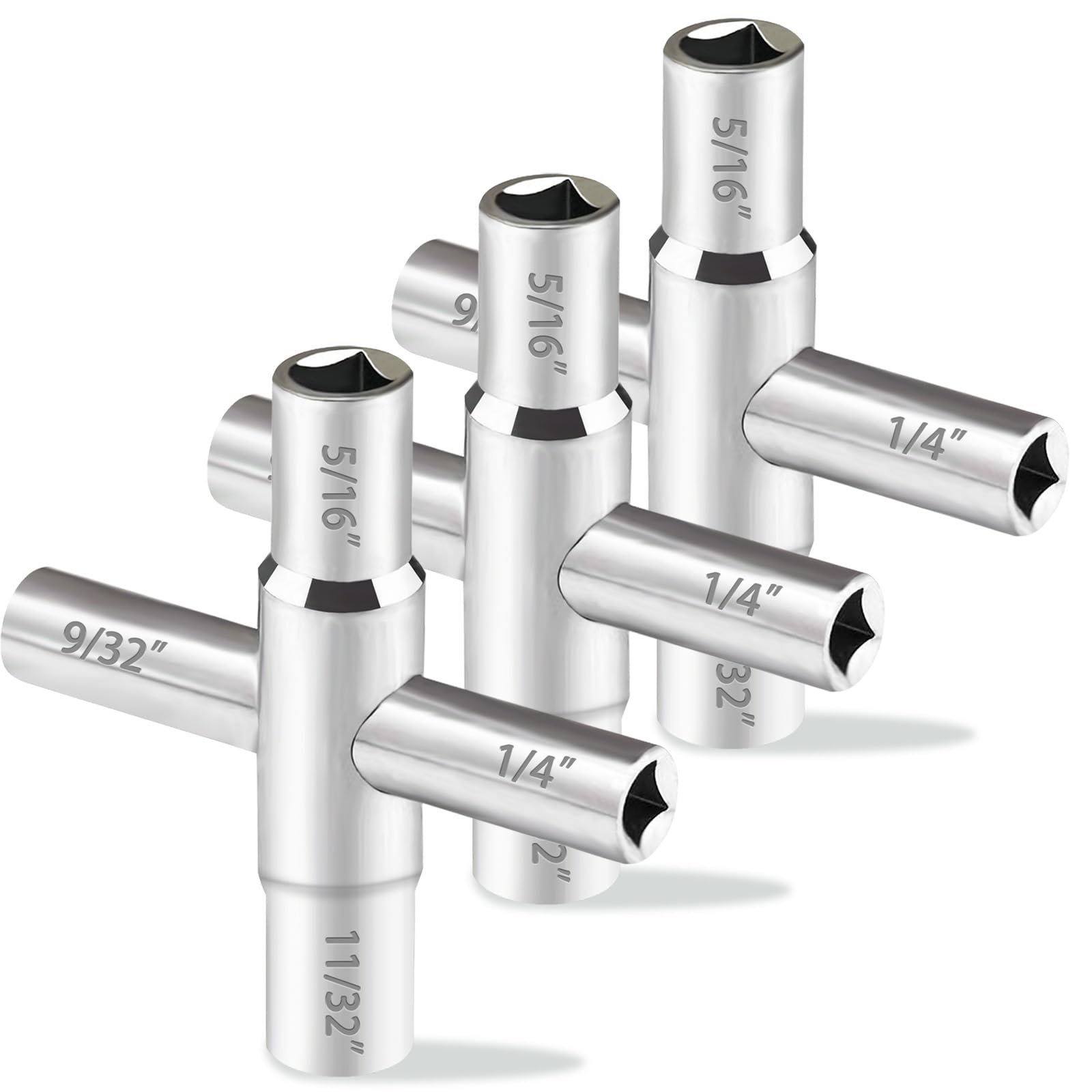 Comfylichi 3 Pcs 4 Way Sillcock Key Set 1/4", 9/32", 5/16", 11/32 Steel Sillcock Water Key Hose Bib Key for Valve Faucet Cabinet Opening Key and