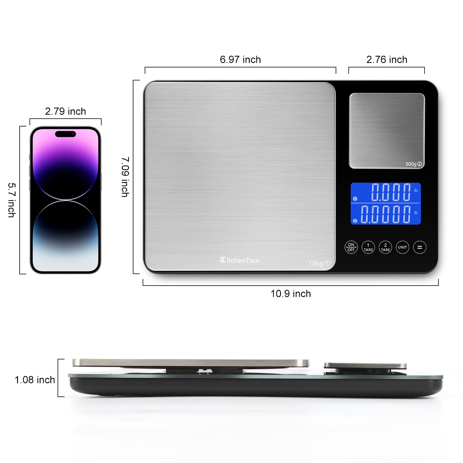 KitchenTour Balance de Cuisine Numérique Double Plateforme avec Fonction Poids Total 500g/0.1g & 15kg/1g Précision pour Cuisson et Pâtisserie Noir