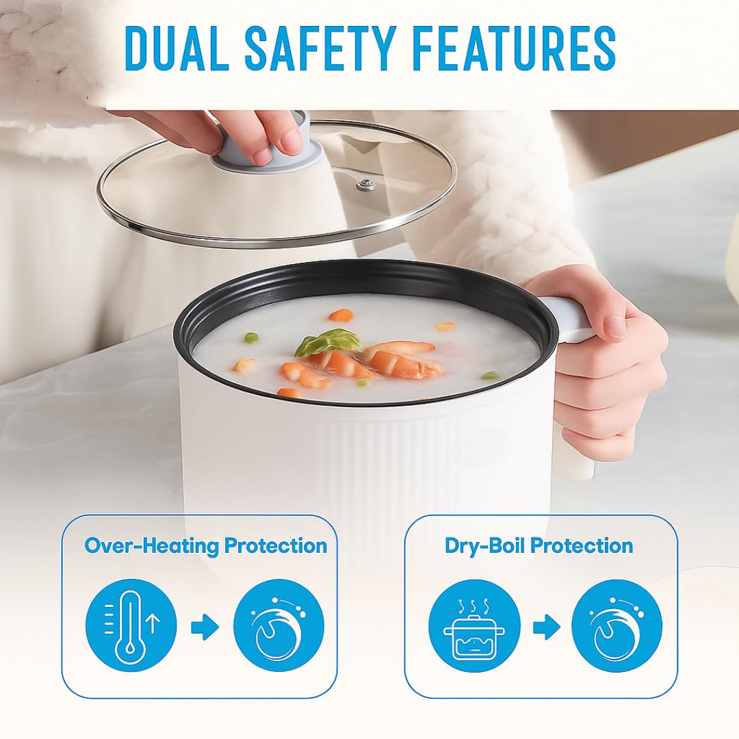 MOOKA Mini Multipurpose Electric Cooker Kettle With Steamer 1.5 Liter Inner Pot Non-Stick Hotpot Cooker For Cooking Hot Water Rice Idli Momos Tea 600W Portable Travel 3