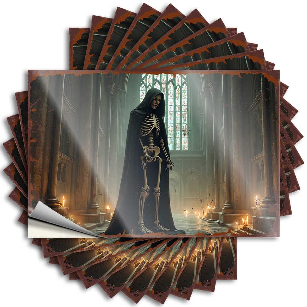 Tattoos - Cheap Case Skeleton in Black Cloak Standing in Gothic Cathedral for Motorcycle Stuff for Men(12X18CM)