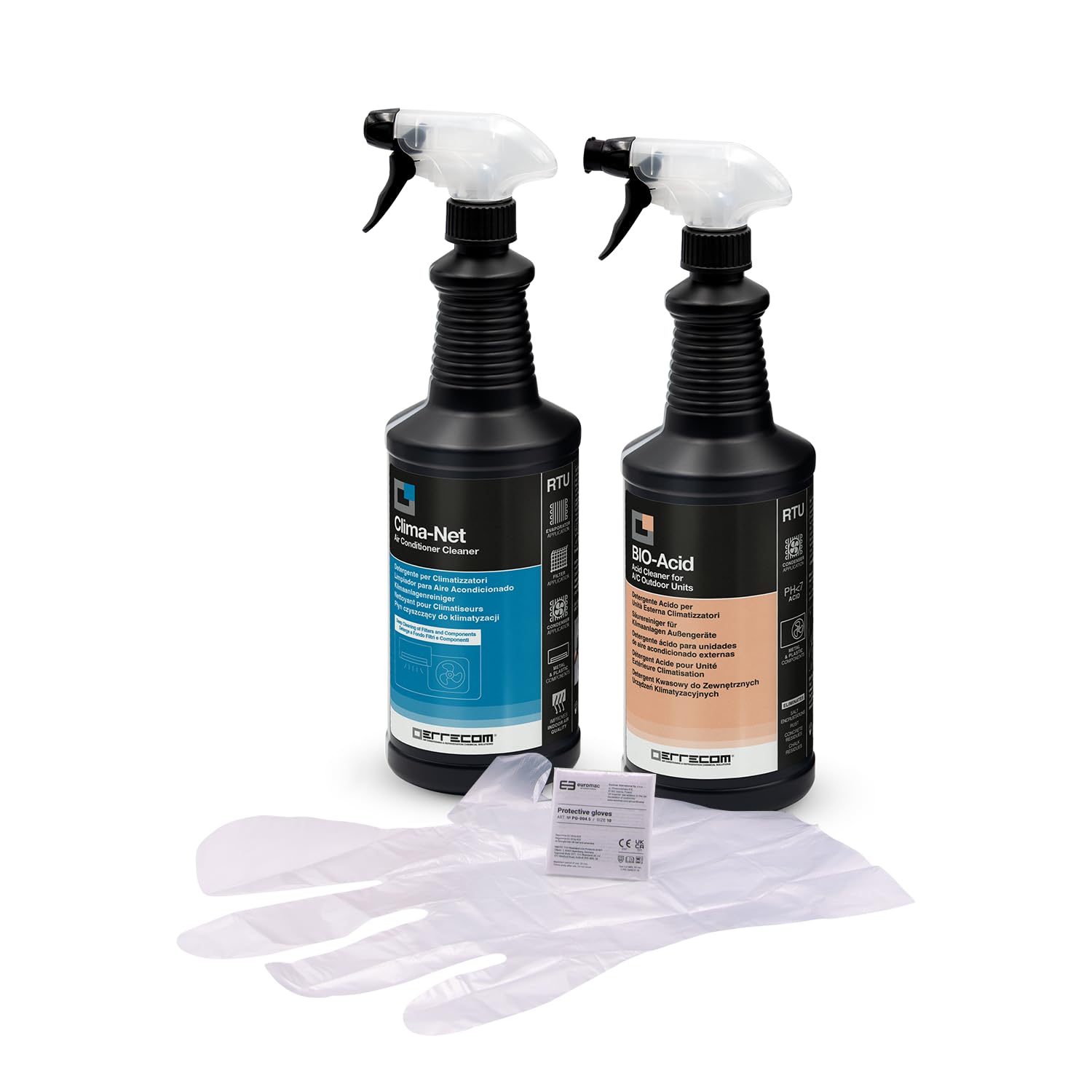 Errecom Kit pour nettoyage climatisation, avec Clima-Net 1L pour unité intérieure et filtres, Bio-Acid 1L détergent acide pour unité extérieure, gants