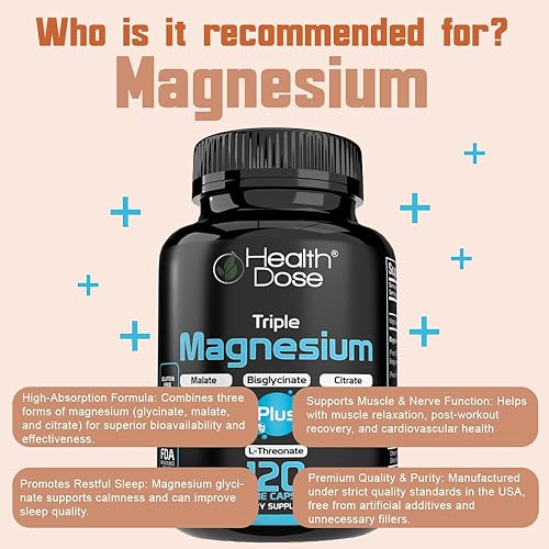 Miniatura 2 de Health Dose Triple Magnesium Complex 1000 mg  Mezcla de L-treonato, bisglicinato, citrato y malato  Apoyo para la relajación muscular, el sueño y la