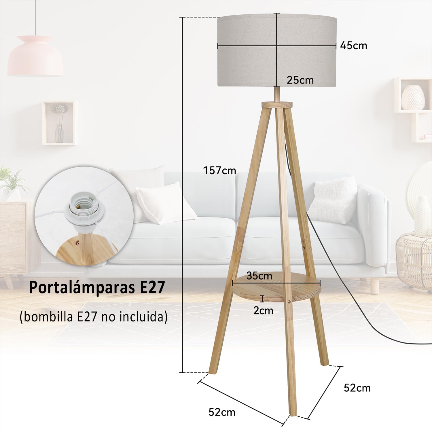 YU YUSING Lámpara de Pie con Estante 157 cm, Casquillo E27, Lámpara Salón Trípode para Dormitorio, Lampara de Lectura con Pantalla Lino Beige, para Salón Dormitorio Estudio Oficina (sin Bombilla)