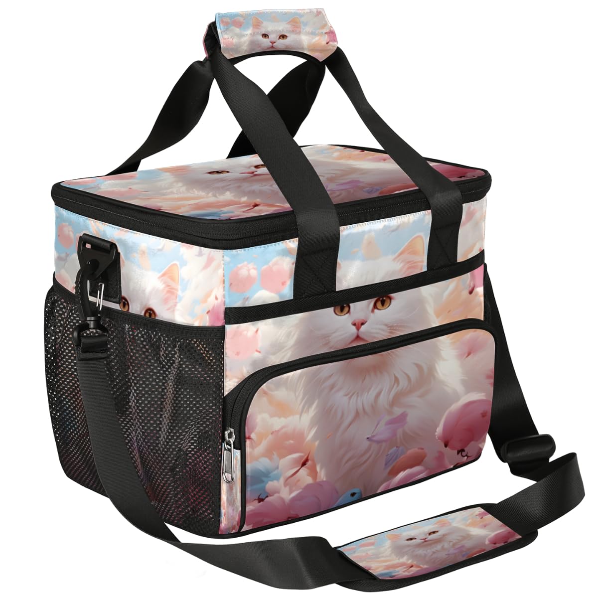 White Cat Insulated Picnic Backpack Lunch Box for Women Men Picnic Basket Tote Lunch Bag Picnic Bag Portable Lunch Bags for Picnic, Beach, Work, Trip,Office, Camp Cartoon Cat