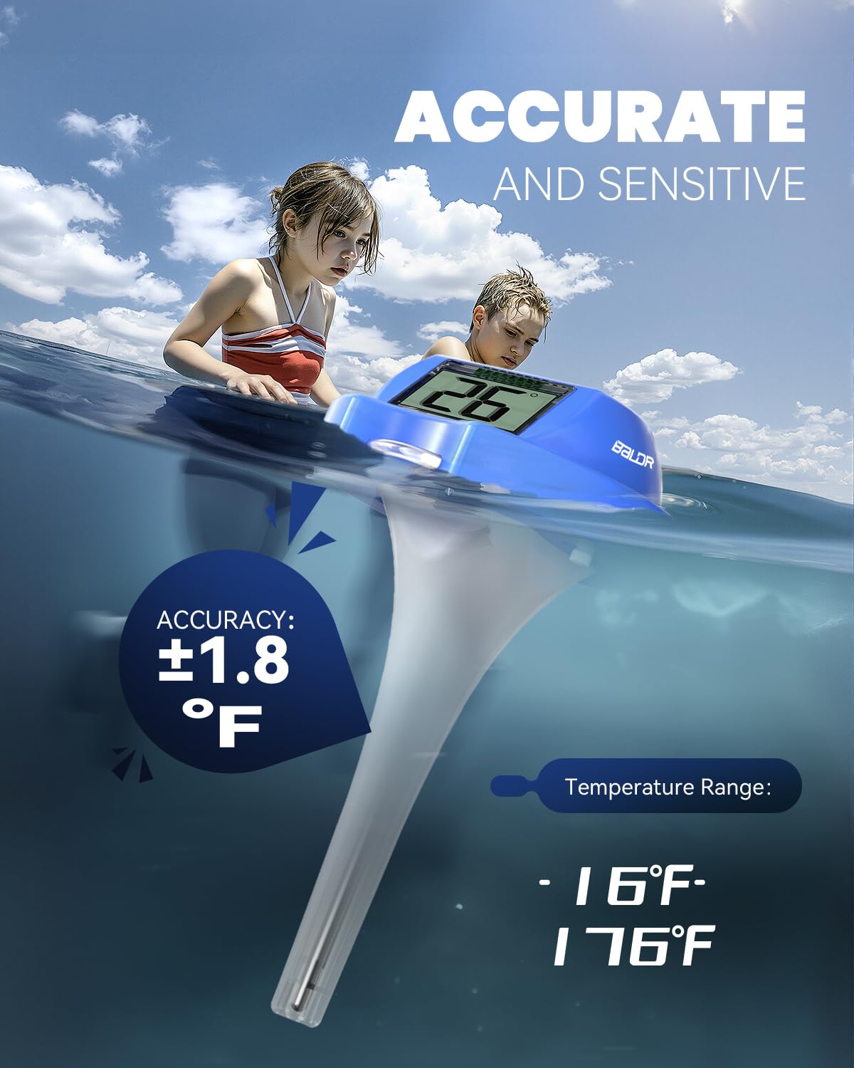 BALDR Pool Thermometer Floating Easy Read, Solar Digital Pool Thermometer with Dual Large Screens, IPX7 Water Temperature Gauge for Inground Above Ground Pools & Spas (Darkblue) image 5