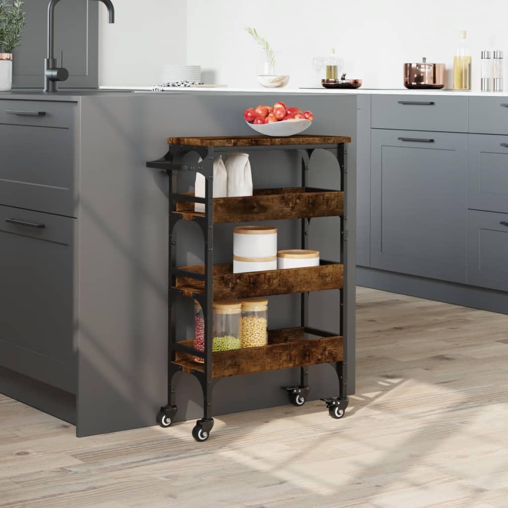Carro de cocina de roble ahumado, 53 x 20 x 76 cm, carrito de servicio estrecho con ruedas de madera y acero, carrito vintage para cocina, baño y salón, carrito auxiliar con toallero