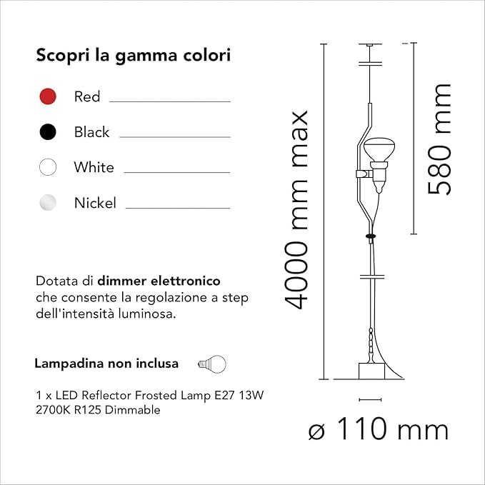 Flos Flos Parentesi dimmer, dimbare hanglamp met directe verlichting, lamp met design van A. Castiglioni en P. Manzù, lamp voor gebruik binnenshuis met 4000 mm kabel, 220-250 V, 150 W, kleur rood photo 3