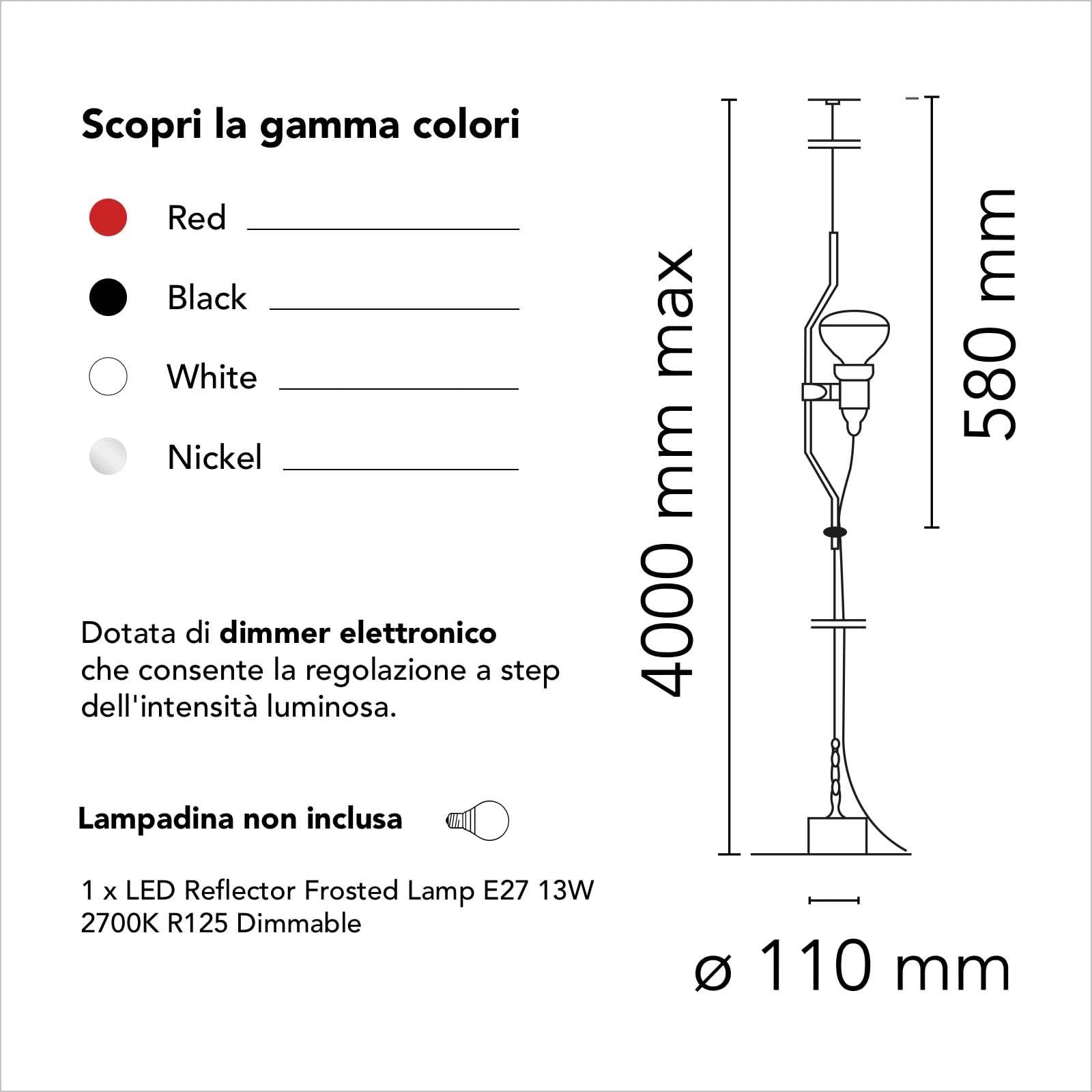 FLOS Parentesi Dimmer Lampada a Sospensione Dimmerabile a Luce Diretta, Lampada di Design da A. Castiglioni e P. Manzù, Lampada per Interni con Cavo 4000 mm, 220-240 V, 150 W, Colore Rosso