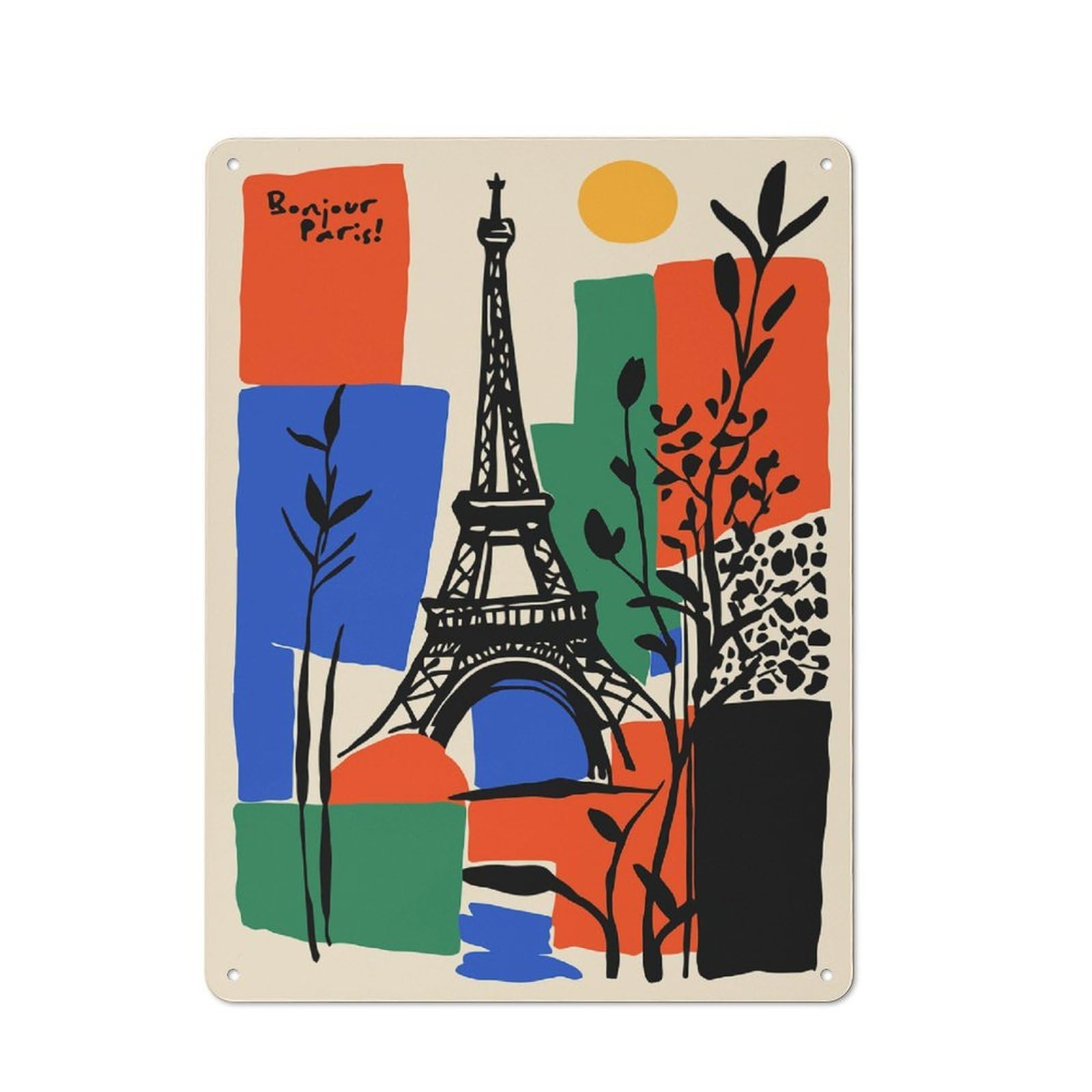 Bonjour Paris Eiffel Tower Art Retro Metal Wall Decor 40x30cm, Decorative Tin Sign for Kitchen, Hallway, Bar Or Small Cafe