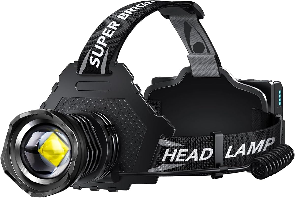 Linterna frontal LED recargable 99000 lúmenes altos, súper brillante, potente | Lámpara frontal con zoom, 95 horas de larga duración, 12 modos y luz frontal impermeable ajustable de 125° para exteriores, camping, casco