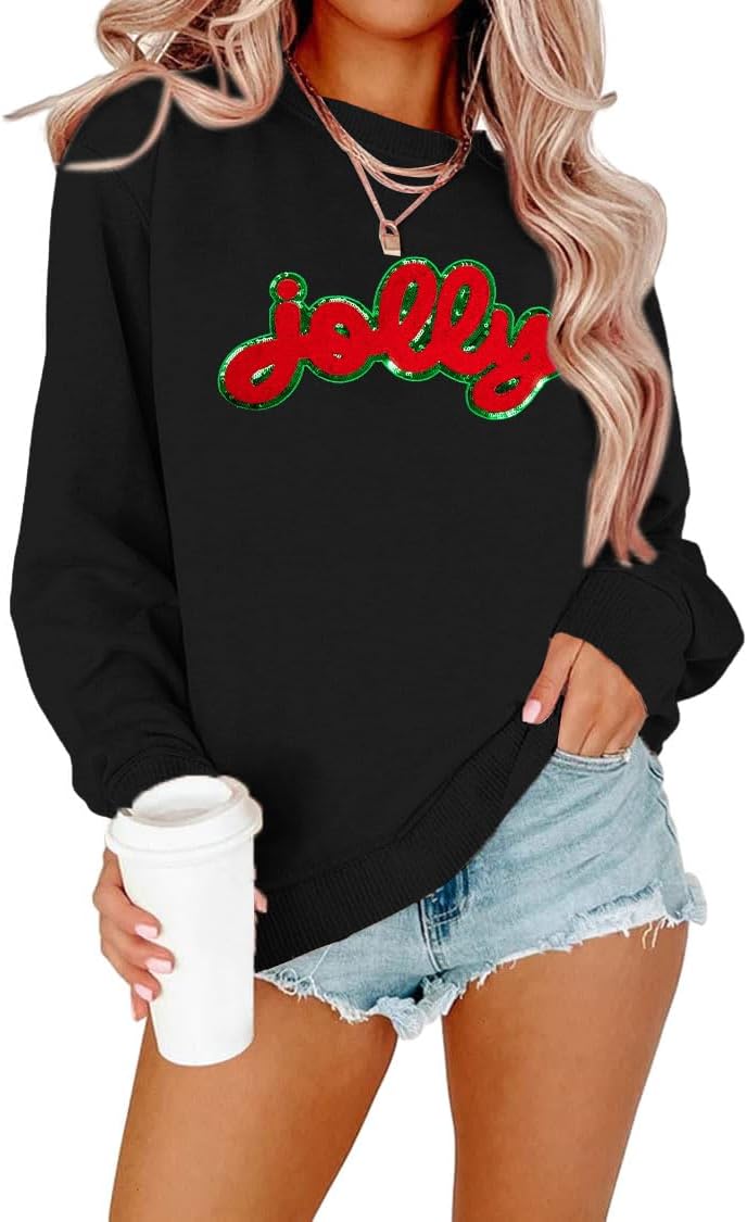 ASTANFY Christmas Sequin Sweatshirt - Jolly Glitter Patch Crewneck