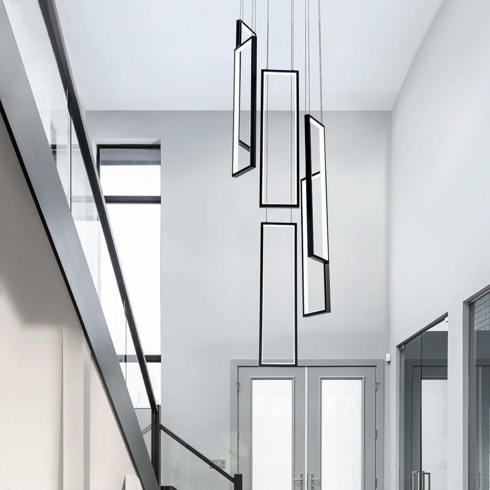 CHYING Black Modern LED Staircase Chandelier, 96W 6000K Cool White Long Chandelier for High Ceilings, Hanging Adjustable Pendant Light for Foyer Entryway Living Room