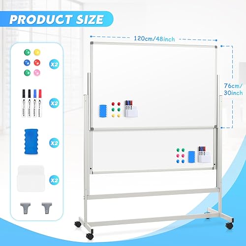 Miniatura 2 de MAKELLO Pizarra blanca con ruedas de 60 x 48 pulgadas, pizarra blanca magnética de doble cara para oficina, escuela y hogar, altura ajustable, marco