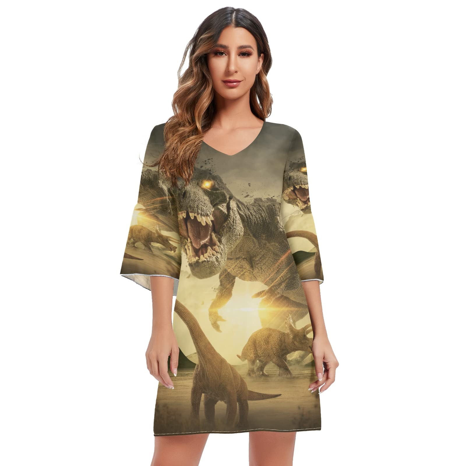 Mnsruu Dinosaur Sunset Women's Casual Chiffon Mini Dress 3/4 Sleeve V Neck