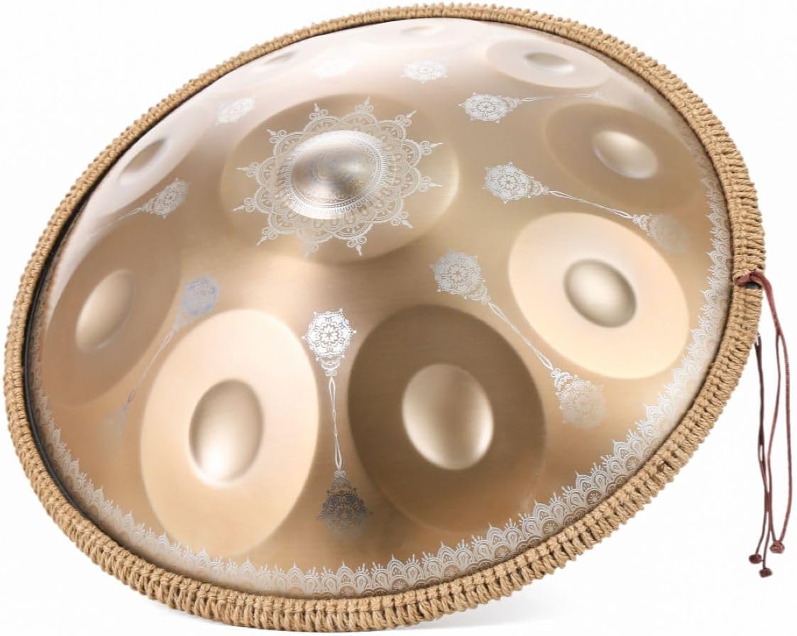 Mandala-Embossed 440Hz Steel Tongue Drum | D Minor 10 Gold Notes Handpan Percussion Instrument