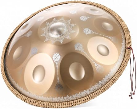Mandala-Embossed 440Hz Steel Tongue Drum | D Minor 10 Gold Notes Handpan Percussion Instrument