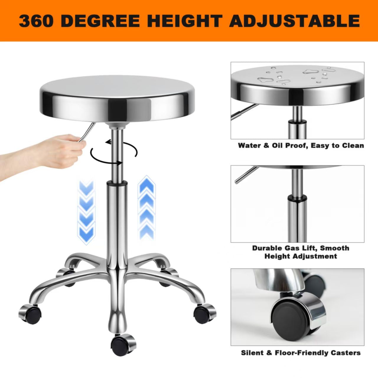 ZHAOYONGLI-End Tables Taburete de acero inoxidable resistente para banco de trabajo, taburete giratorio ajustable con 5 ruedas, estructura de acero inoxidable 304, cojín redondo, soporte de carga de
