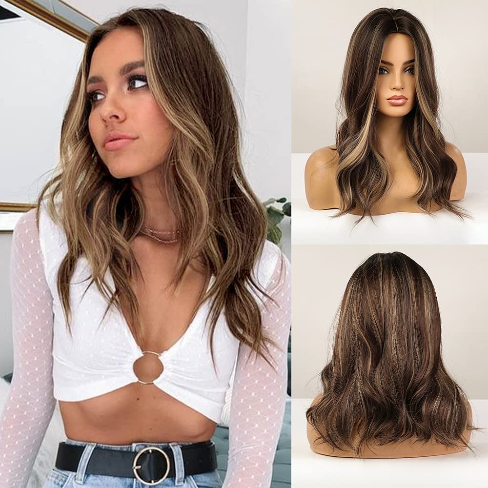 HAIRCUBE Long Brown Wigs for Women, Natural Curly with Hightlight, Synthetic Hair Wig