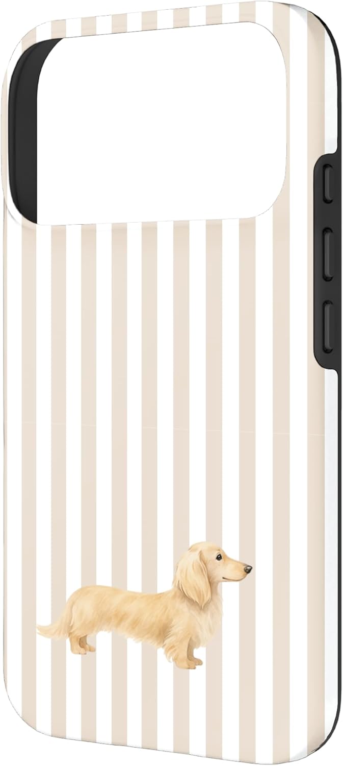 Blonde Cream Long-Haired Dachshund on Taupe & White Stripes Case for iPhone 17 Pro