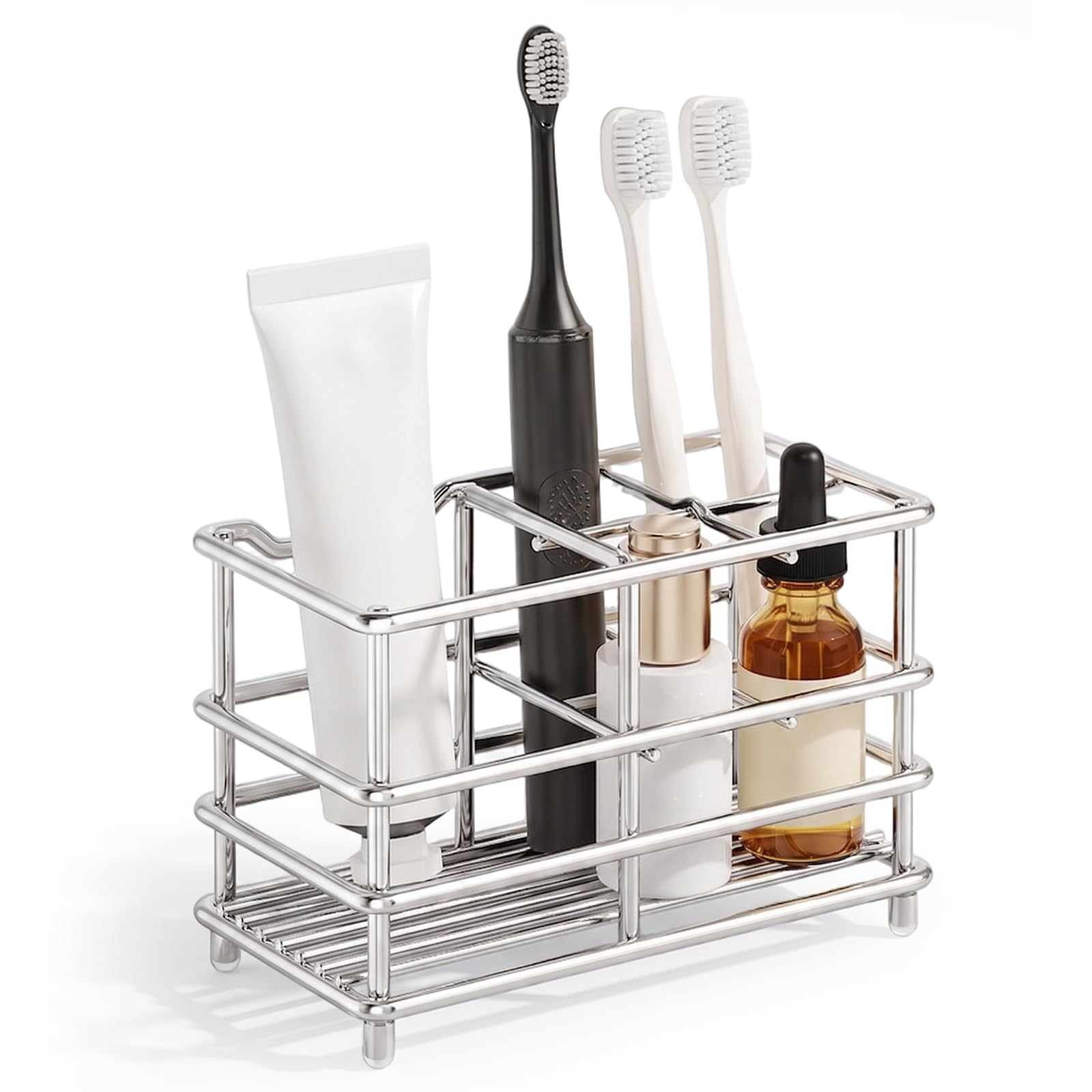 Toothbrush Holder, Shower Razor Organizer Toothpaste Holders 5 Slots Bathroom Counter Organizer for Toothbrushes Toothpaste Combs Razors Dental Floss, Silver