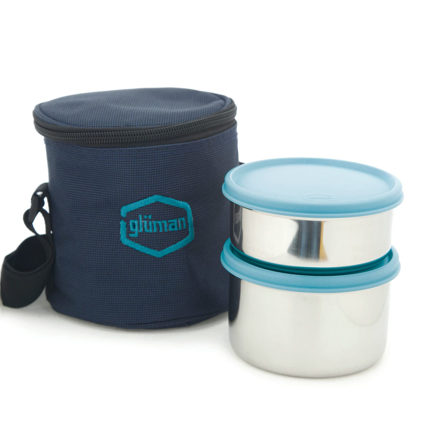 Gluman Steel Lunch Box | 4 Microwave-Safe Containers with BPA-Free Lids (500 ml, 350 ml, 350 ml & 250 ml) | Ideal for Office, School, College | Leakproof Insulated with Fabric Bag (Blue)