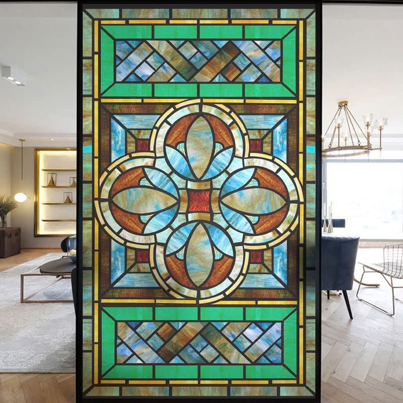 European Church Windows Film Privacy Stained Glass Window Stickers Static Cling Decorative Frosted Window Films UV Blocking Muted Colors Window Coverings (K,80x120cm WxH)