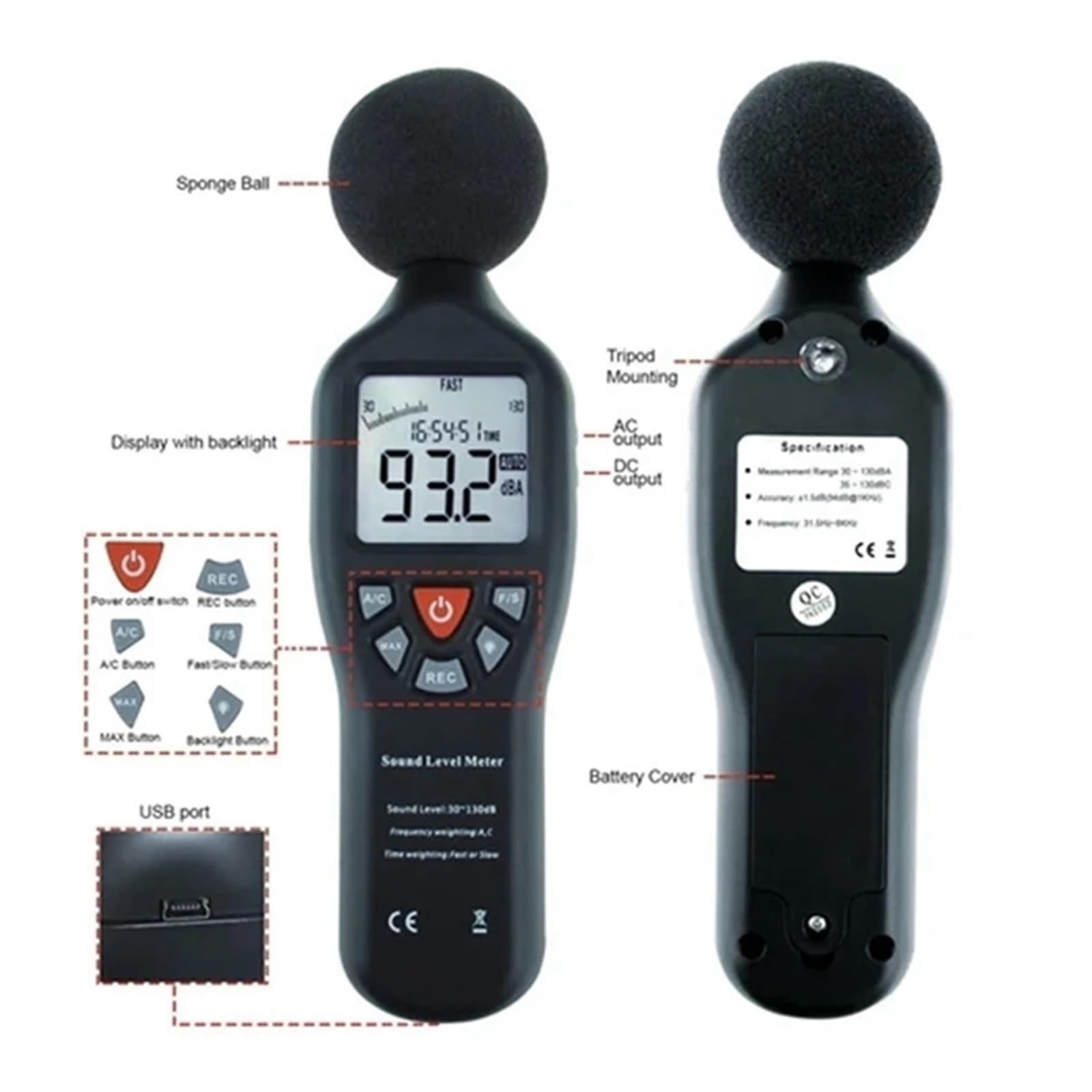 Miernik Decybeli, Miernik Poziomu Dźwięku Czujnik Hałasu Decybeli Cyfrowy LCD | 30-130DB, Rejestrator USB, Z CD