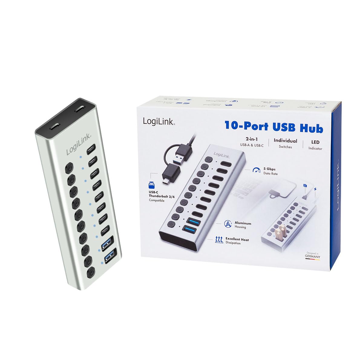 LogiLink UA0448 - Hub USB 3.2 Gen1 con 10 Puertos y Cable/Adaptador, USB Tipo A y USB Tipo C, Interruptor de Encendido/Apagado, Aluminio