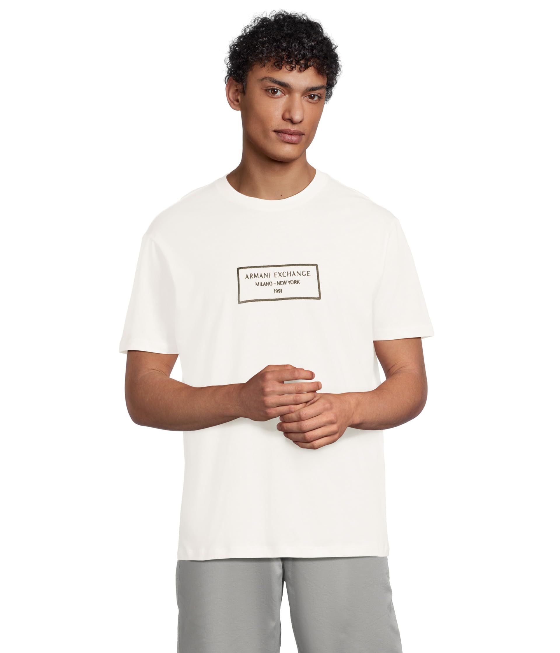 Armani Exchange Camiseta Rectangular Box Logo para Hombre, Blanco Crudo, L