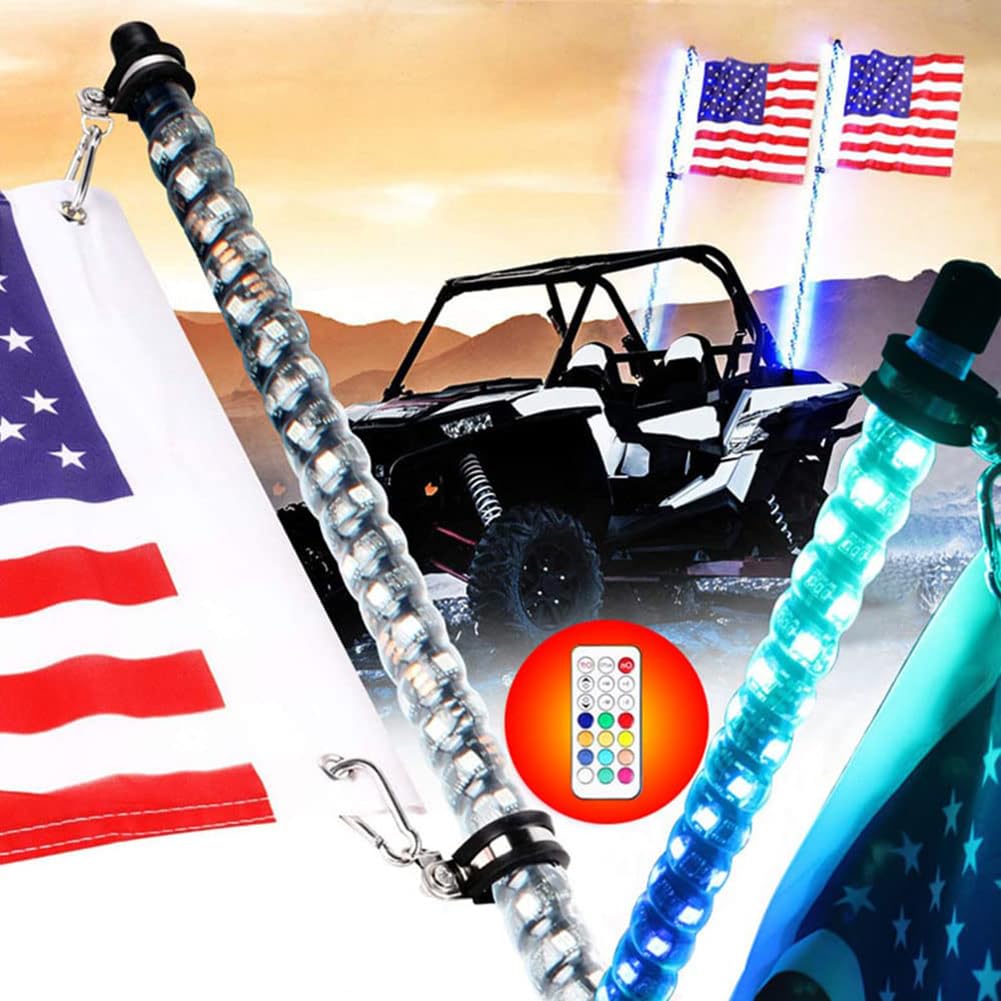 2PCS 3FT Spiral LED Whip Lights RGB 360° Weatherproof Antenna Whips with Remote Control for UTV ATV Offroad Truck Sand Buggy - 20 Colors