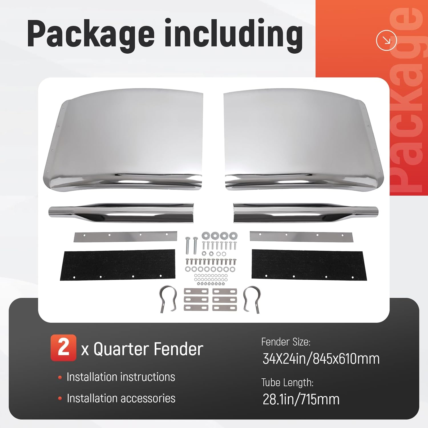 34" x 24" Quarter Fenders for Semi Trucks, Compatible with Freightliner Peterbilt Kenworth Volvo Mack, 304 Stainless Steel Mirror-Finished Fenders Right & Left