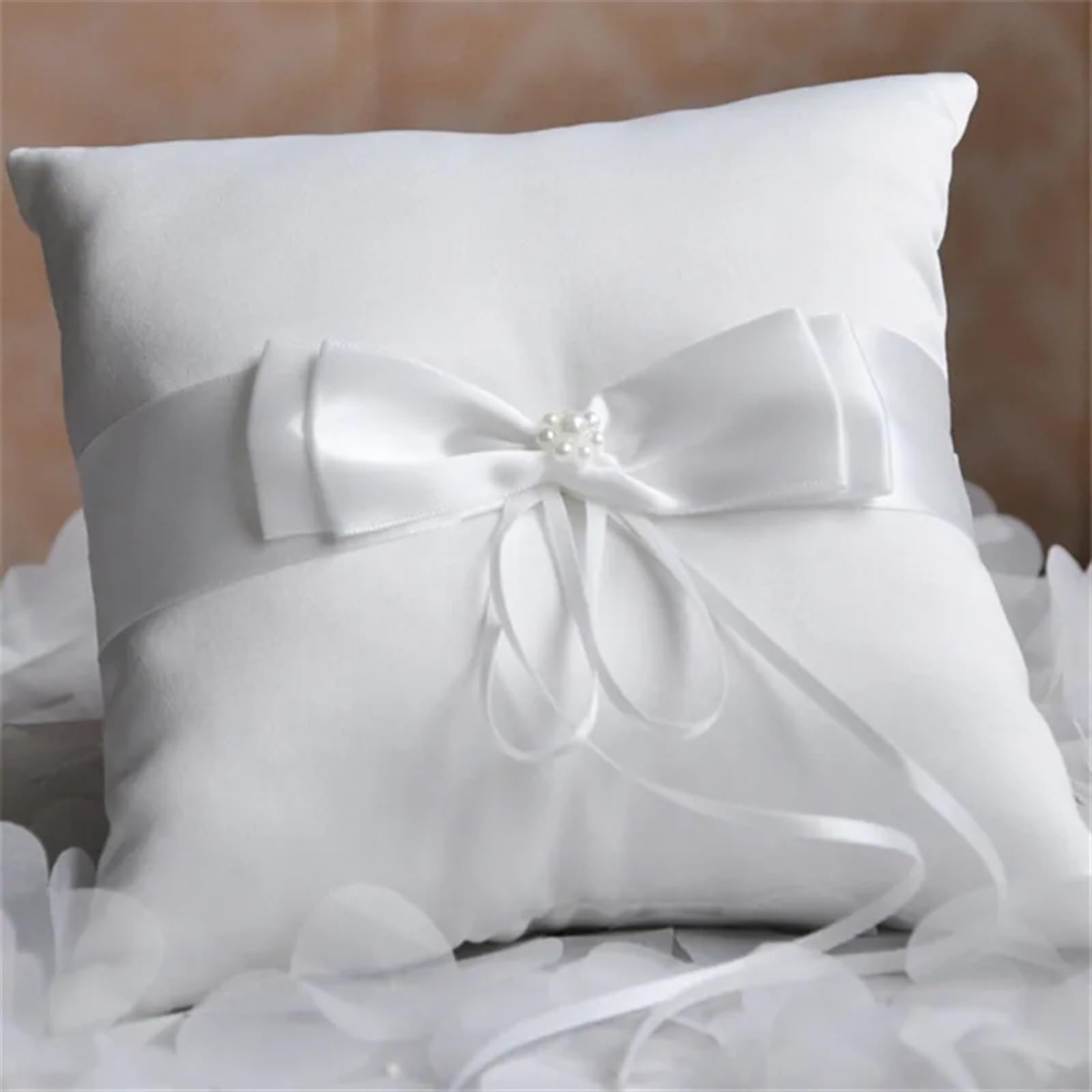 Ringkissen Hochzeit Ringkissen Ringdeko Band Perlen Braut Trauung Zeremonie Tasche Kissenträger mit Bändern für Verlobung Oder Eheringe Party, Antrag(Pillow 20 x 20cm)