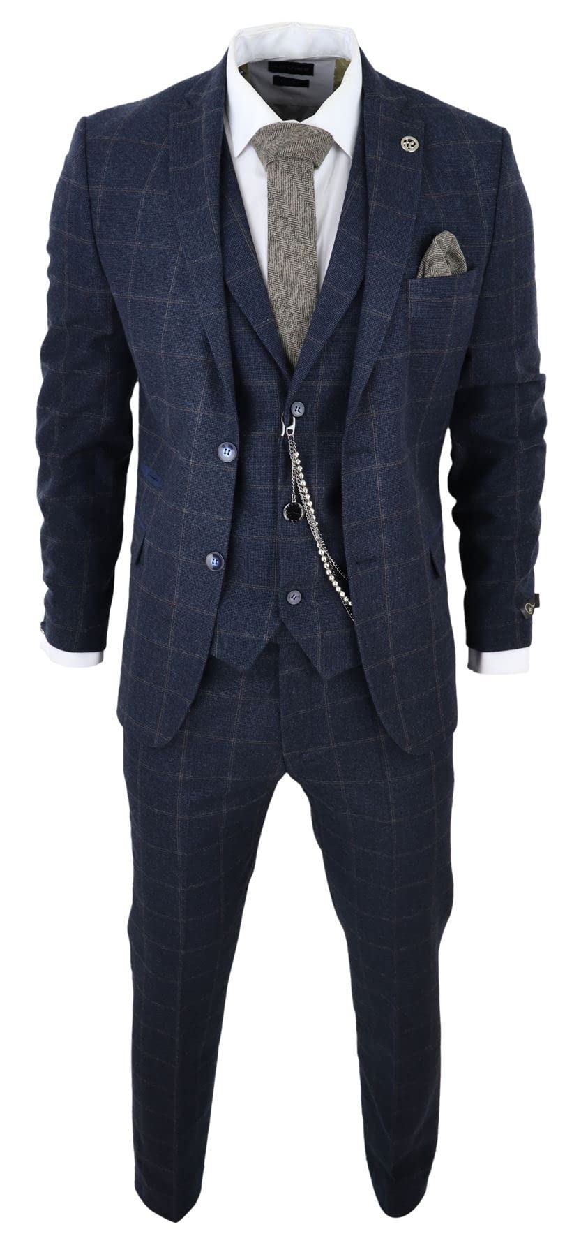 Men's 3 Piece Suit Wool Tweed Navy Blue Brown Check 1920s Gatsby Formal Dress Suits - Navy 38
