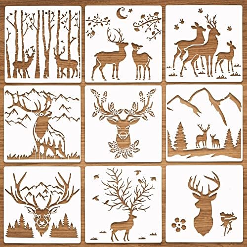 9 Pieces Forest Deer Stencils 11 Inches Reusable Deer Pattern Stencil Forest Theme DIY Spraying Drawing Stencils Plastic Forest Deer Christmas Stencils for Painting on Wood Wall Canvas Fabric Airbrush