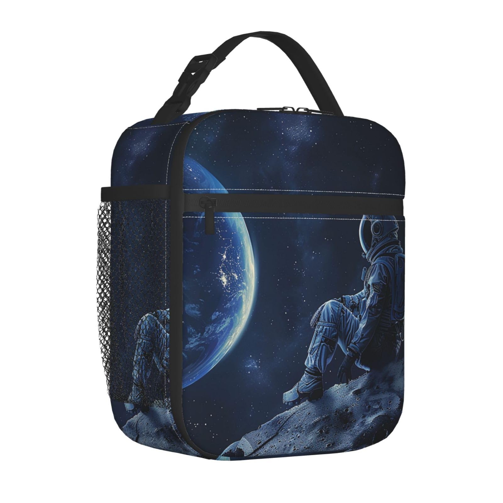 Mexpekil Astronaut Space Insulated Lunch Bag for Women Men Thermal Lunch Box Portable Picnic Cooler Bag with Side Mesh Pocket Adults Lunchbox for Work