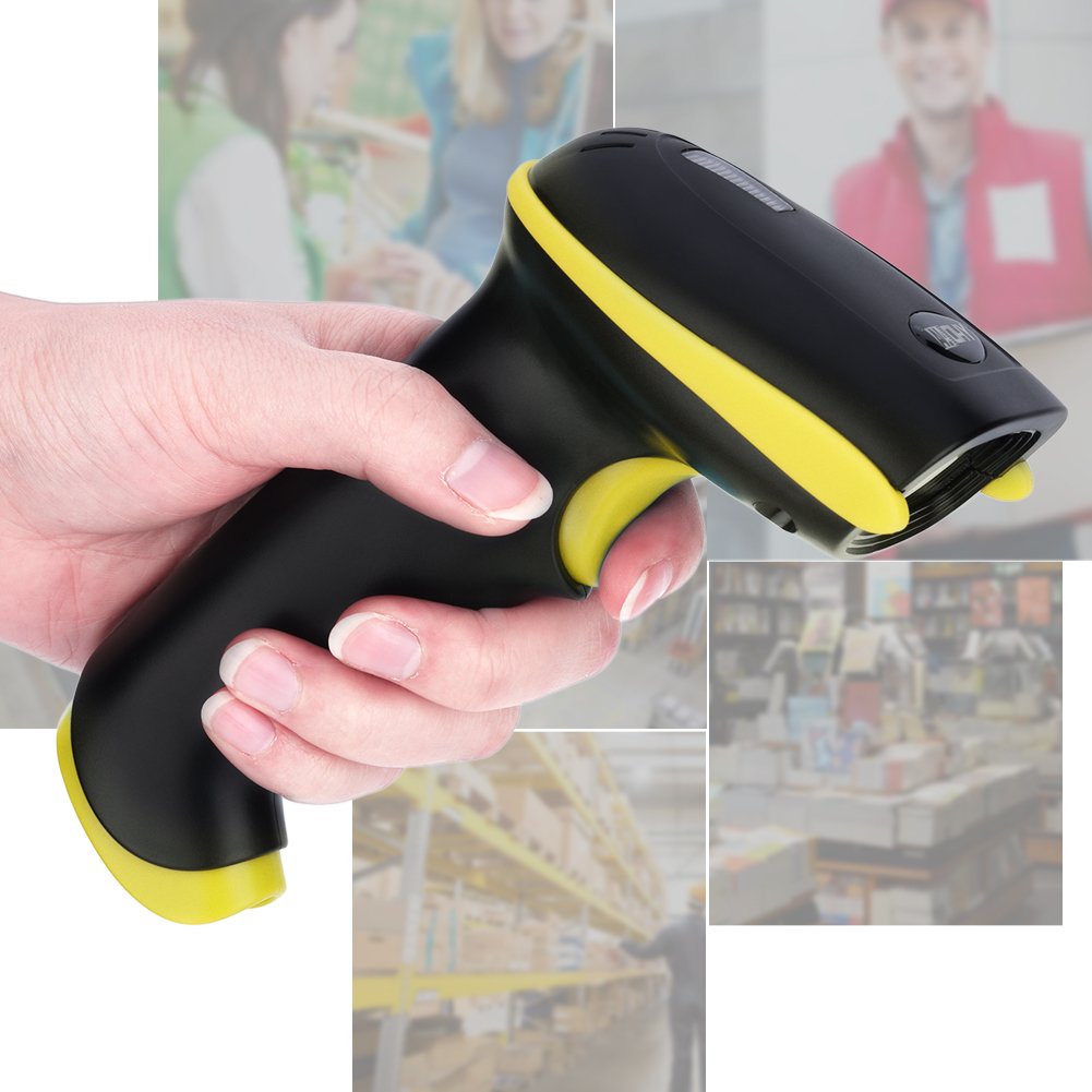 ciciglow Lettore Scanner, Scanner di Codici a Barre Wireless Portatile modalità di Connessione Doppia da 2,4 GHz Alta Sensibilità per Magazzino, Supermercato, Hotel e Altro(Giallo)