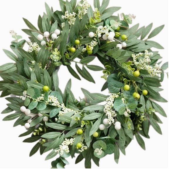 20 Inch Olive Wreath for Front Door, Artificial Greenery Wreath with Big Mixed Berries, All Season Farmhouse Wall Hanging for Porch Wall Window Wedding Holiday Home Decor