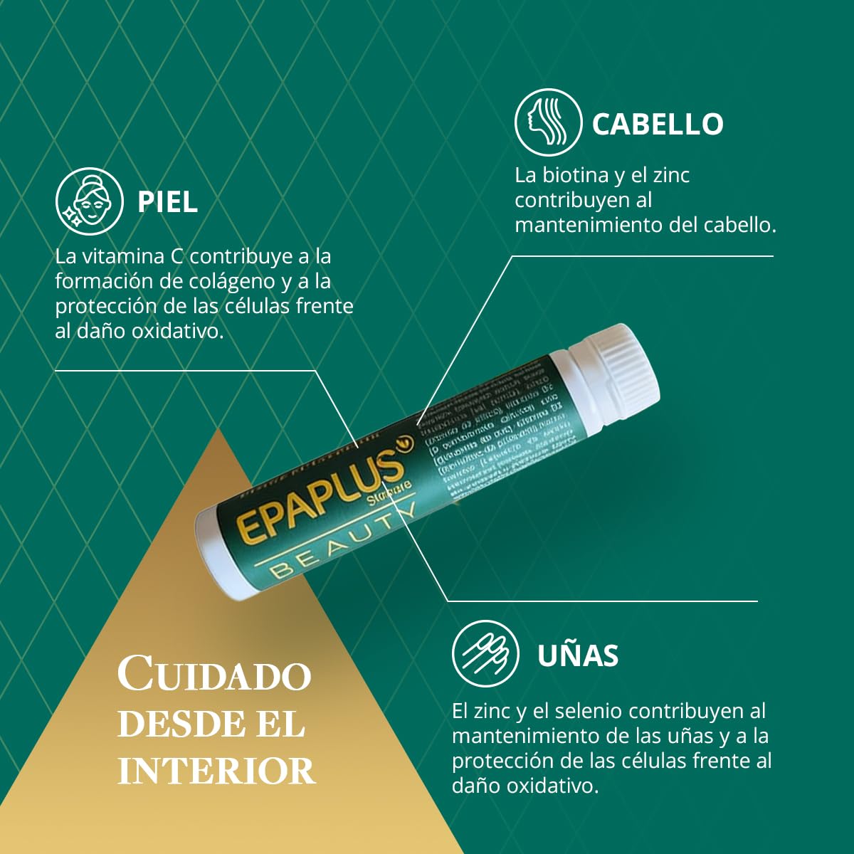 EPAPLUS Beauty | Colágeno Líquido con Ácido Hialurónico, Vitaminas y Minerales | Para Piel, Cabello y Uñas | Rutina de Cuidado Desde el Interior | 20 Viales de 25 ml | Sabor Frutos Rojos