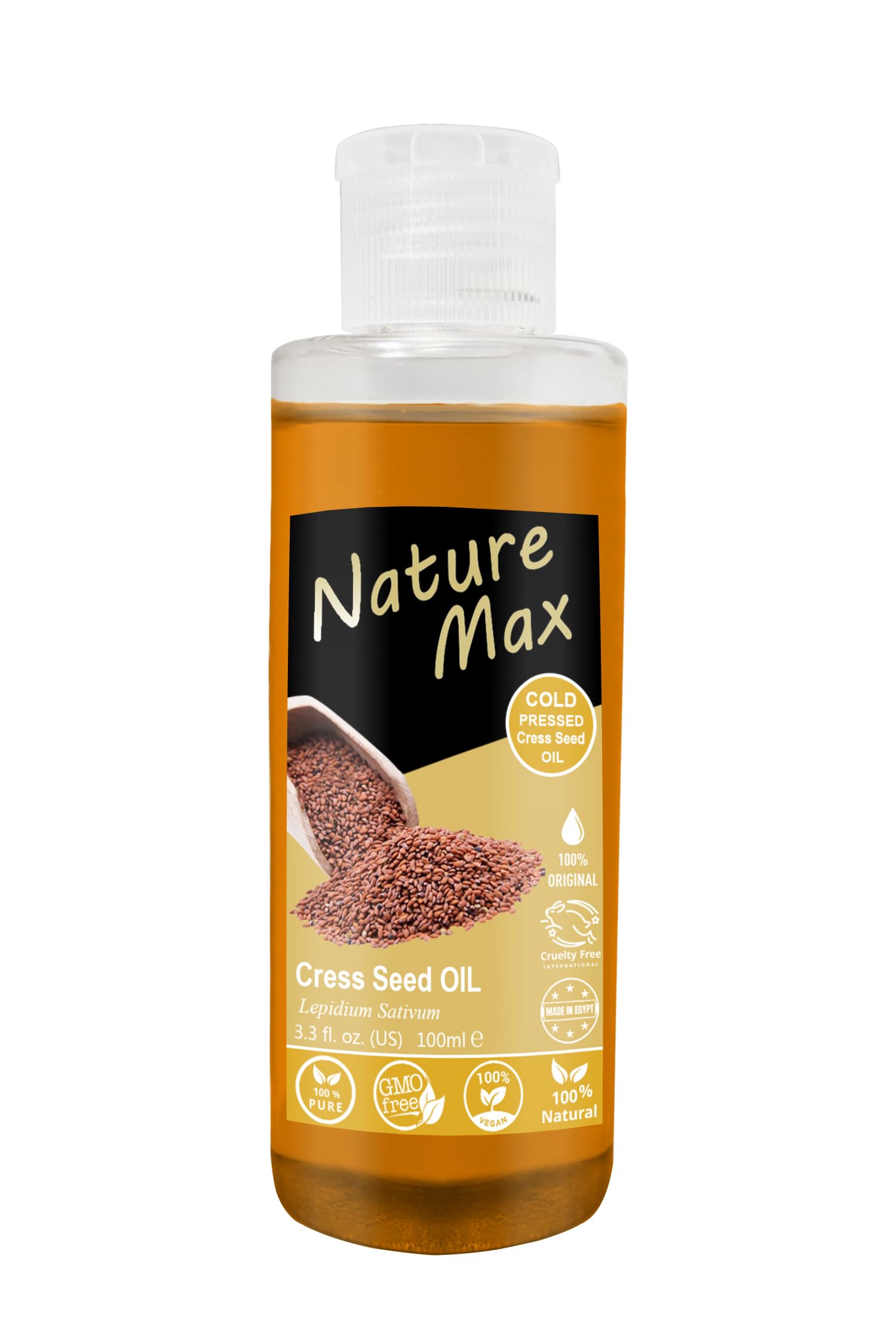 Nature Max Cresses Cress Oil Essential Oils Natural Undiluted Pure for Hair and Skin Care Cold Pressed Premium (1Pack = 3.38 oz / 100 ml) زيت حب الرشاد