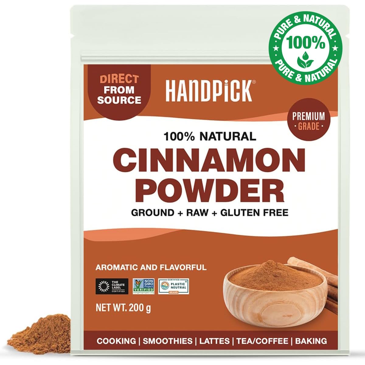 HANDPICK, Cinnamon Powder (200g/7oz) Non-GMO & Raw Ground Cinnamon in Resealable Zip Lock Pouch | Spice for Cooking, Smoothies, Lattes & Tea