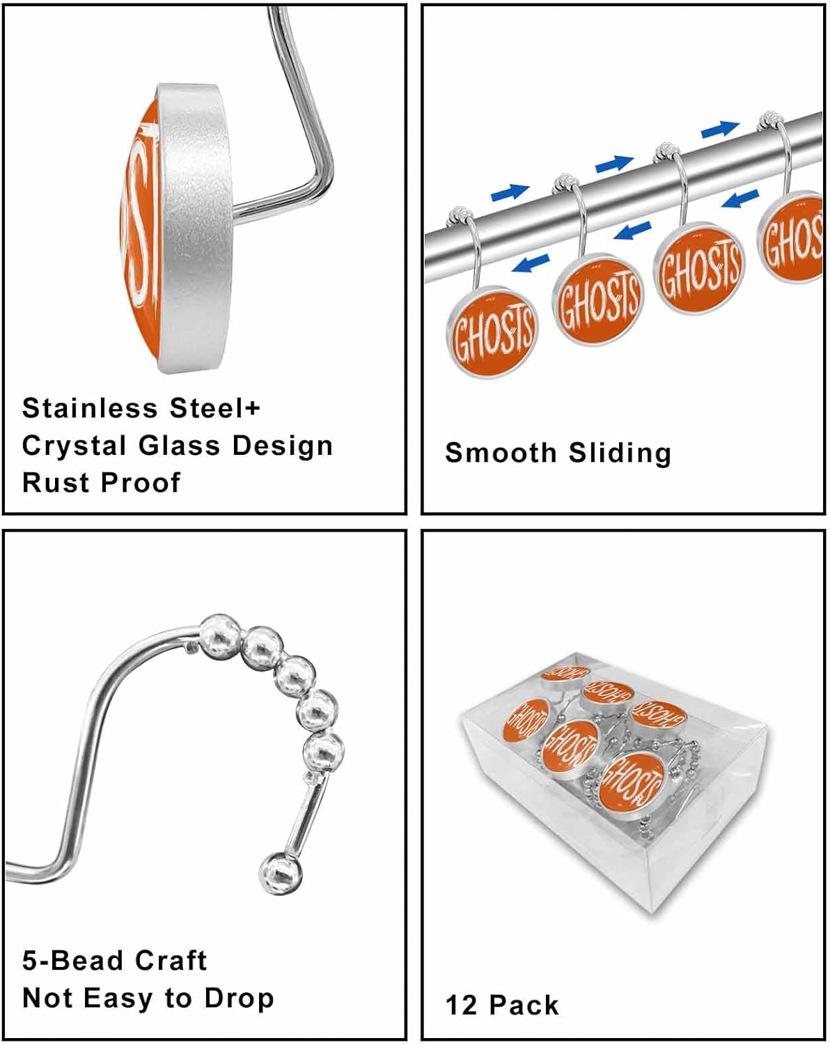 Shower Curtain Hooks Set of 12 Halloween Ghost Text Orange Crystal Glass Shower Curtain Rings for Bathroom Decorative Stainless Steel Rust Proof Roller Shower Curtain Hangers