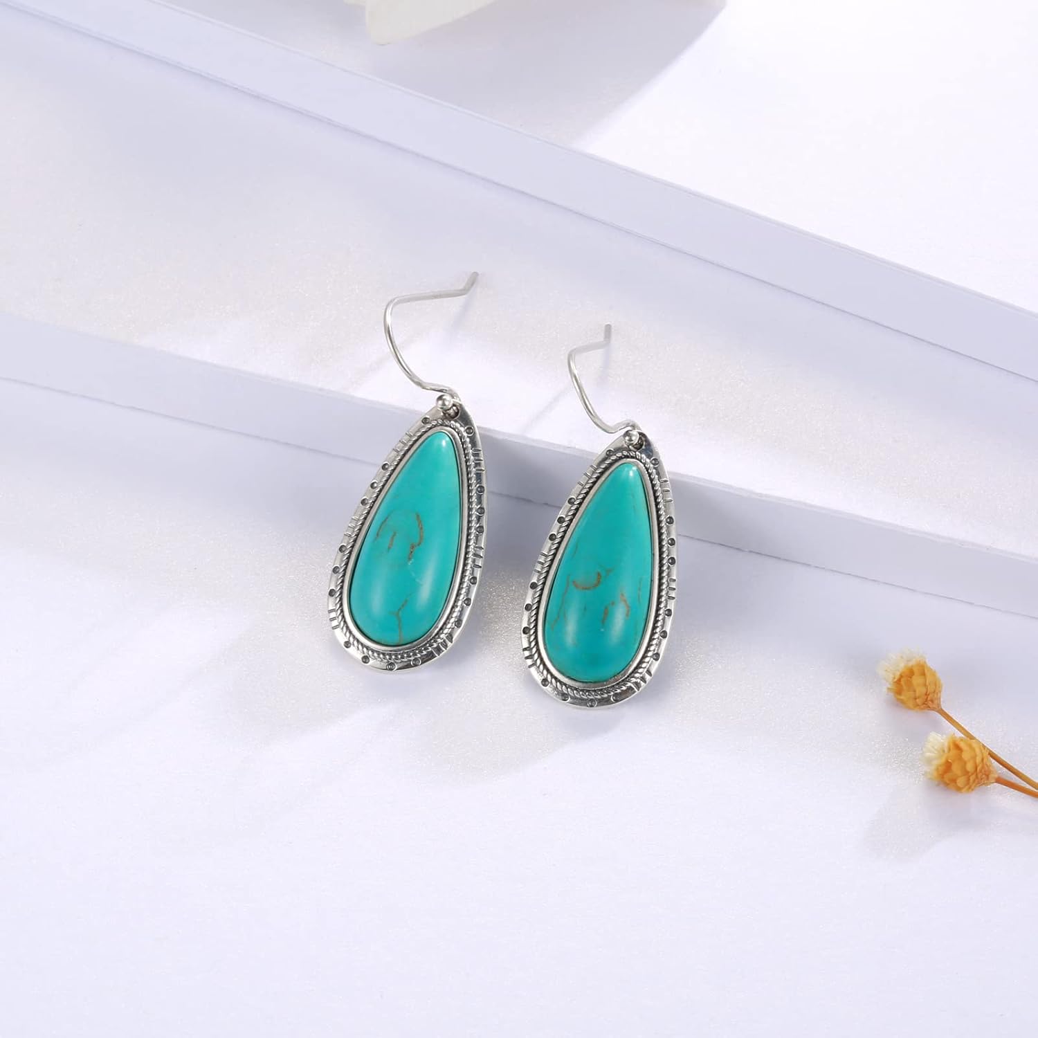 Sterling Silver Turquoise Earrings for Women: Teardrop Turquoise Dangle Earrings Vintage Style Western Jewelry Gift for Cowgirls - Image 4