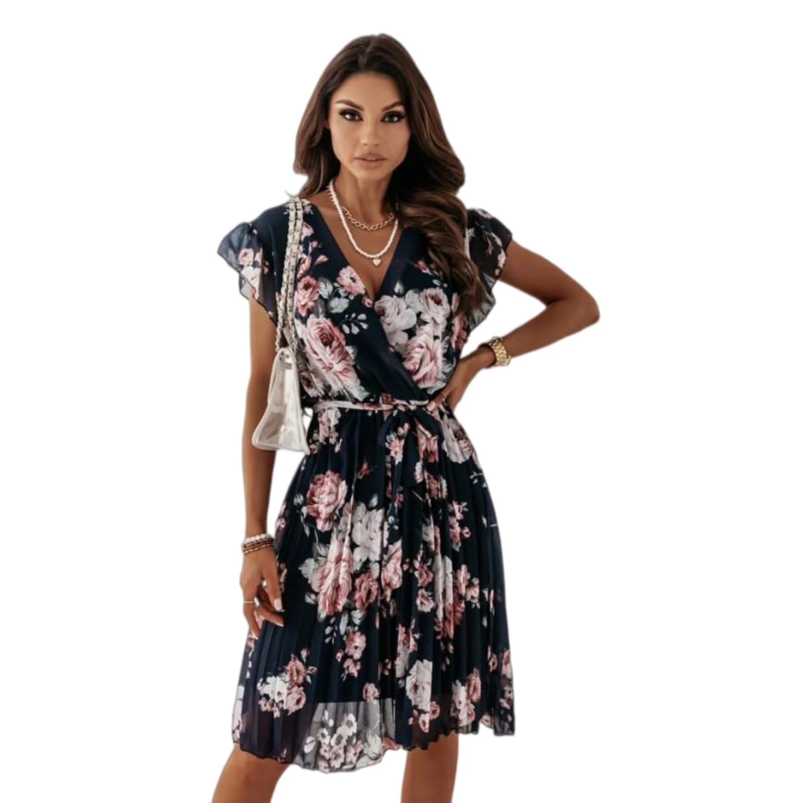 Vestito Donna Fiore Plissato Abito V Collo Flutter Manica Vita Cinching Midi Abito, Elegante Stampato Casual per L'Estate-Pink-XXL