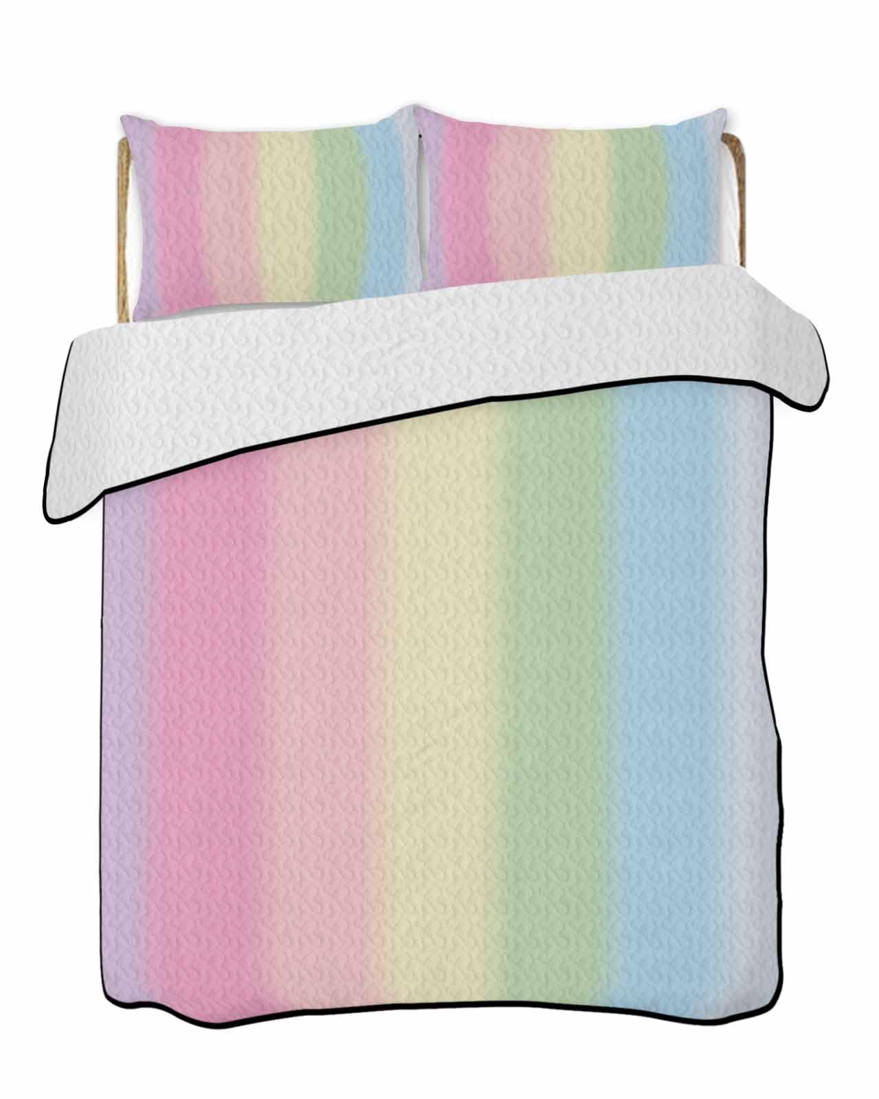 3-Piece Summer Quilt Twin Size, Rainbow Stripes Lightweight Cooling Bedding Comforter Blanket with 2 Pillow Shams, Modern Colorful Cream Striped Aesthetics Bedspreads Quilted Coverlet Sets 68