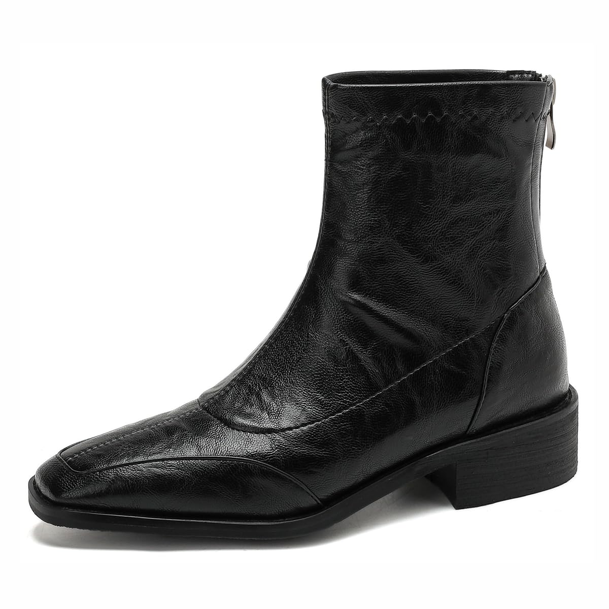 Womens Western Dressy Ankle Boots Zipper Retro Square Toe Chunky Low Heels Stretchy Chelsea Short Booties