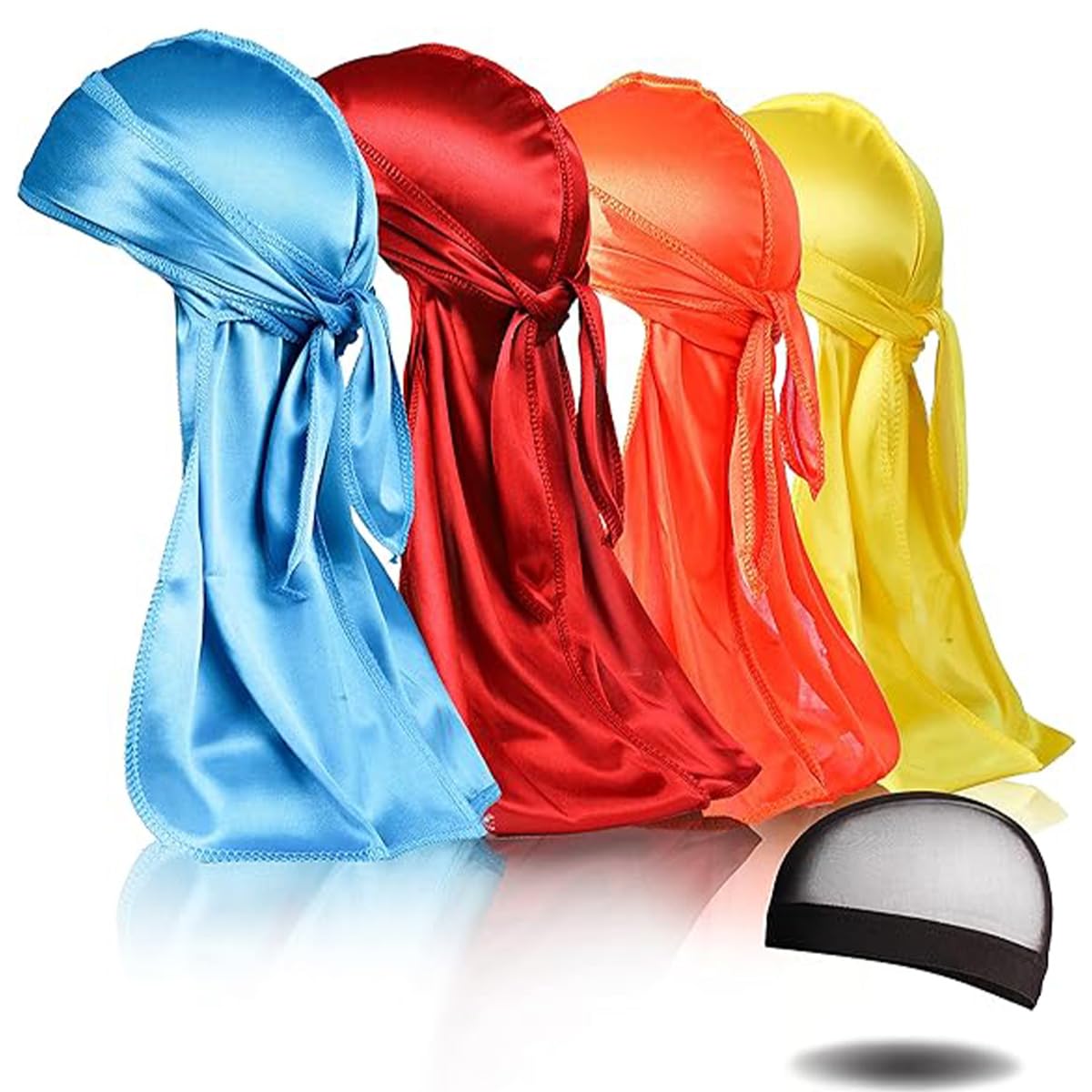 4PCS Silky Durags, Silk Durag for Men Women Waves, Silk Durag Pack with 1 Wave Cap, Silky Satin Durag Extra Long Tails